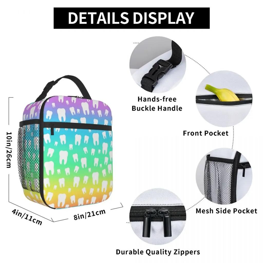 Rainbow Tooth Pattern Resuable Lunch Boxes Waterproof Teeth Cooler Thermal Food Insulated Lunch Bag Kids School Children