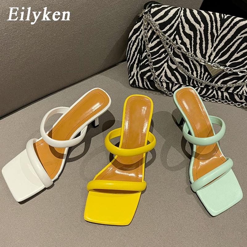 Fashion Eilyken Summer Yellow Thin Heels Slippers Sandals Women Square Toe Mules Beach Slides Leisure Shoes
