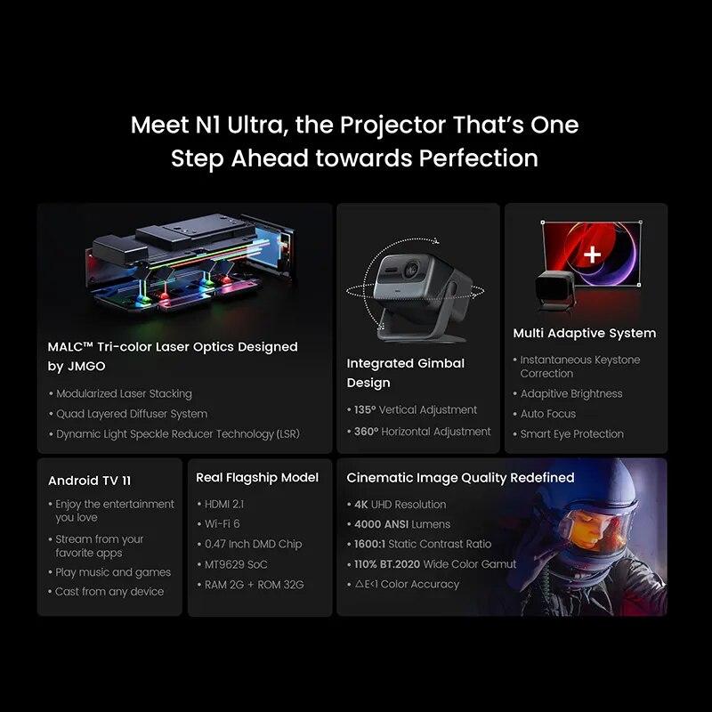 Παγκόσμια έκδοση JMGO N1 Ultra Triple Laser Projector 4K UHD 4000ANSI Lumens With Gimbal 3D Wi-Fi 6 Beamer Cinema for Home Theater
