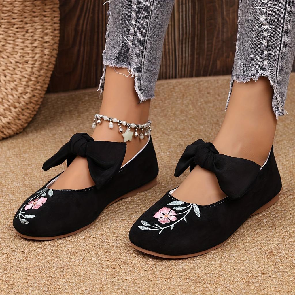 New Embroidered Bow Flat Mary Jane Shoes for Women Cross-border Ethnic Style Slip-Ons