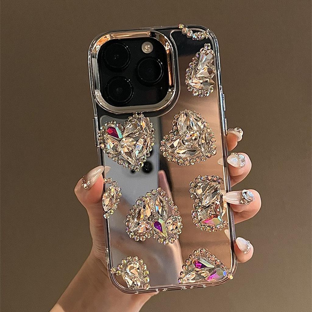 Mirror Love Phone Case For iPhone 16 15 14 13 12 11 Pro Max Fashion Rhinestone Phone Case