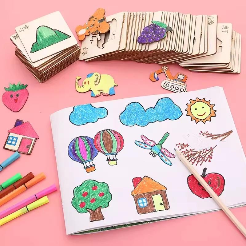 20pcs Montessori Kids Drawing Toys Wooden DIY Painting Stencils Family Educational Craft Puzzle Imitate Toys for Kids Gifts