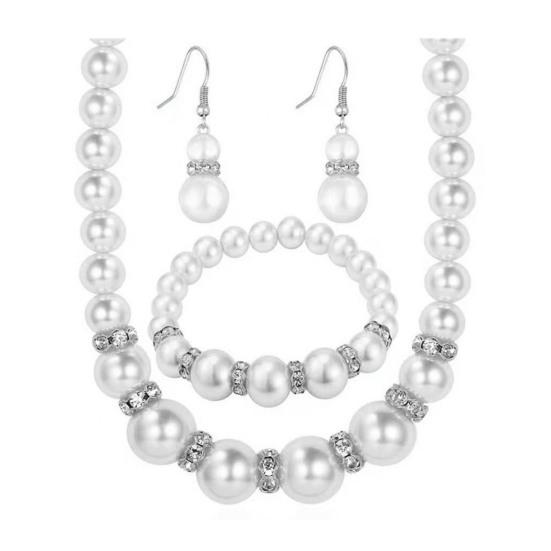 1 Set Faux Pearl Jewelry Women Beaded Necklace Bracelet And Earrings Elegant White