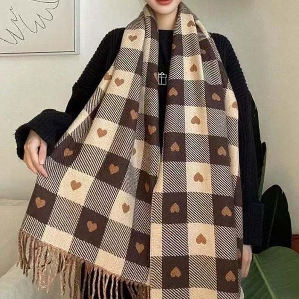 Warmer Plaid Knitted Scarf Long Tassel Shawl Gifts Heart Thickened Scarf  Winter