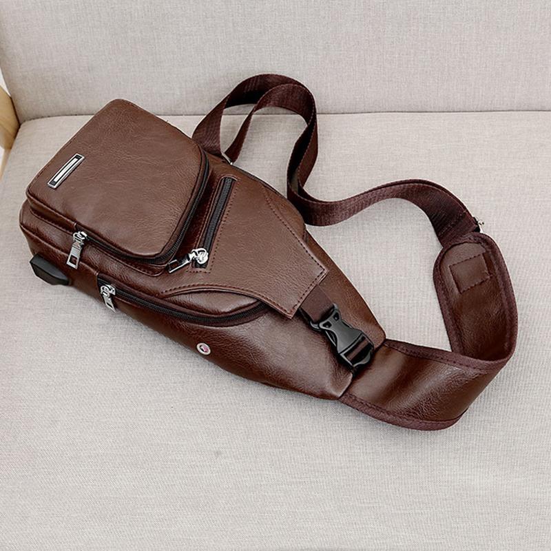 Vintage Men Fashion Shoulder Chest Bags USB Charging Leather Messenger Travel Packs Wallet