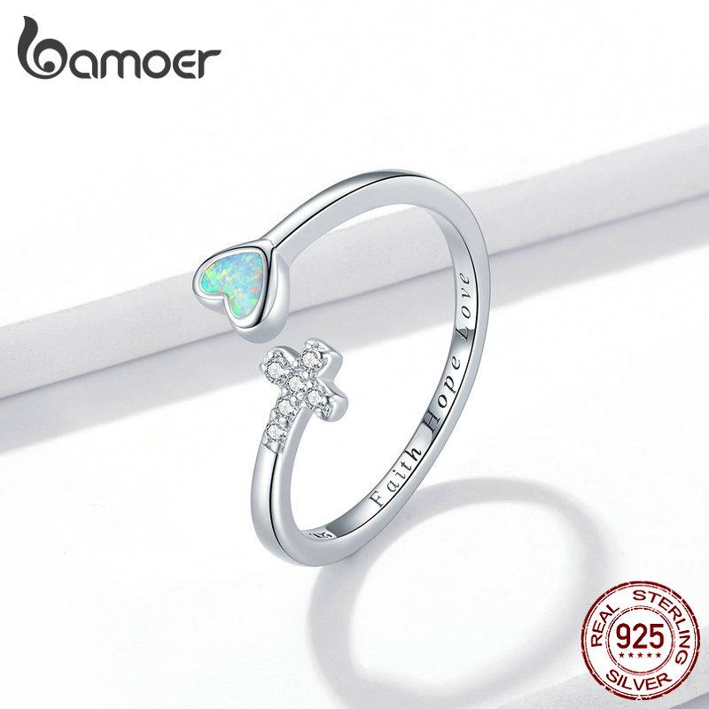 

Женские крестики из стерлингового серебра 925 пробы BAMOER, регулируемое кольцо с опалом размера 6-8 для девочек серебряный