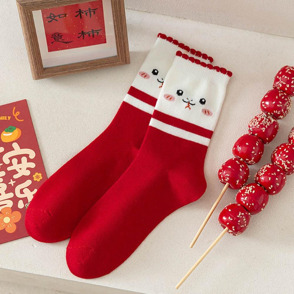 5Pairs Cartoon New Year Red Sock Ruffle Tube Socks Women Ins Snake Year Socks New Year Gifts
