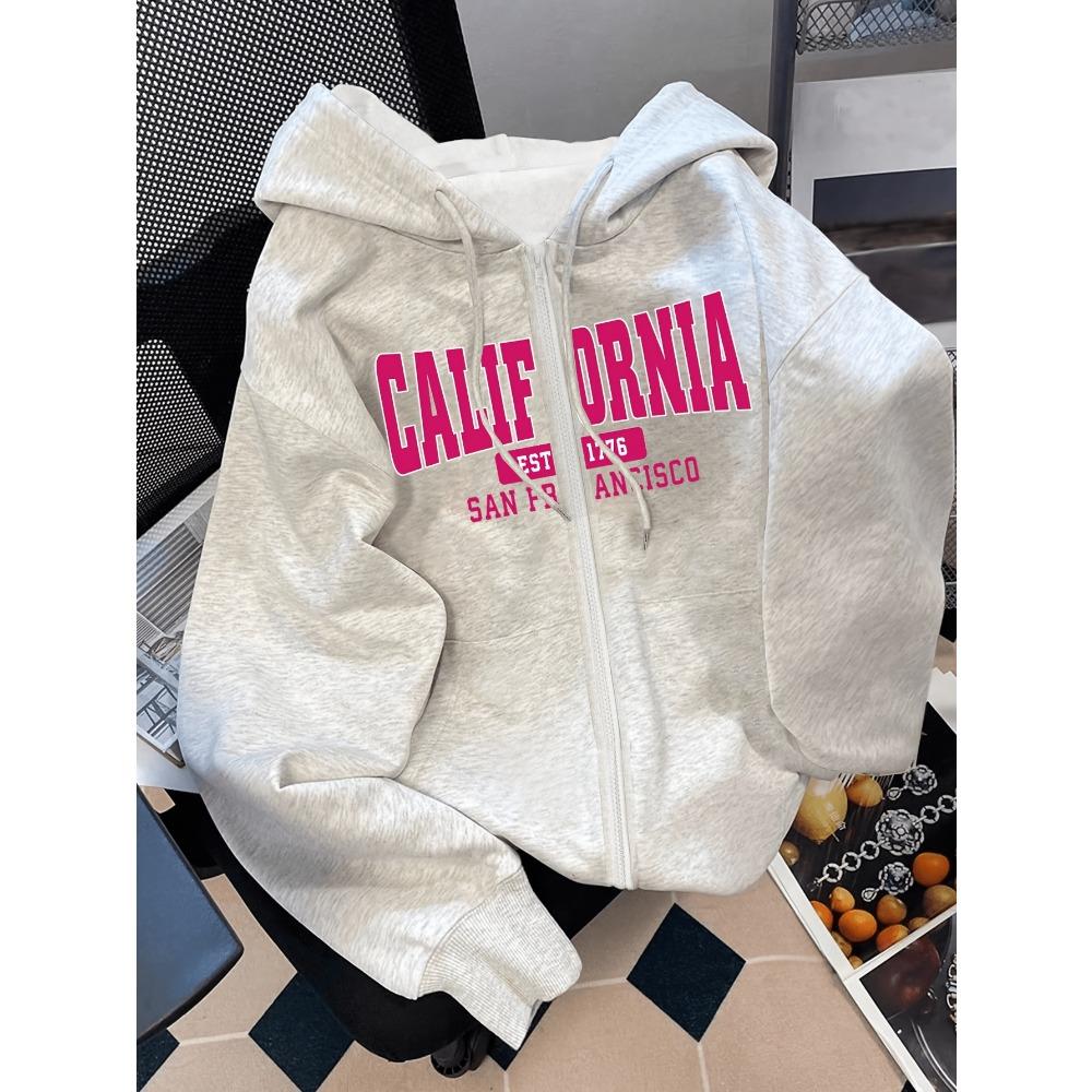 Casual and Versatile Pink Letter Printed Pattern Women s Hooded Sweatshirt with Velvet Zipper Sweatshirt S