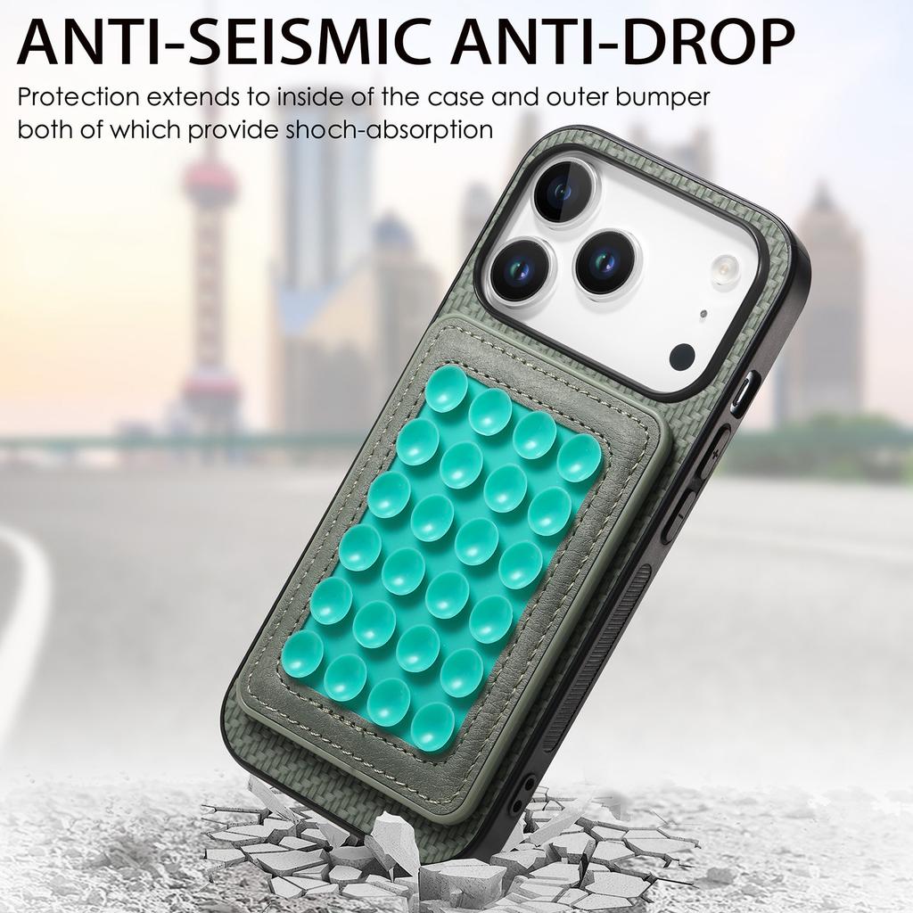 For iPhone 17 Pro Case Carbon Fiber Texture Leather Back Cover with Magnetic Detachable Suction Cup
