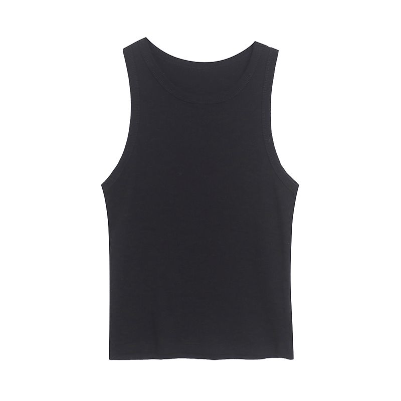 

100% Pure Cotton ~ Foreign Trade Stripe Solid Simple Small Cami Slim fit Slimming Thread Knitted Stretch Shirt Micro flaw Black XS