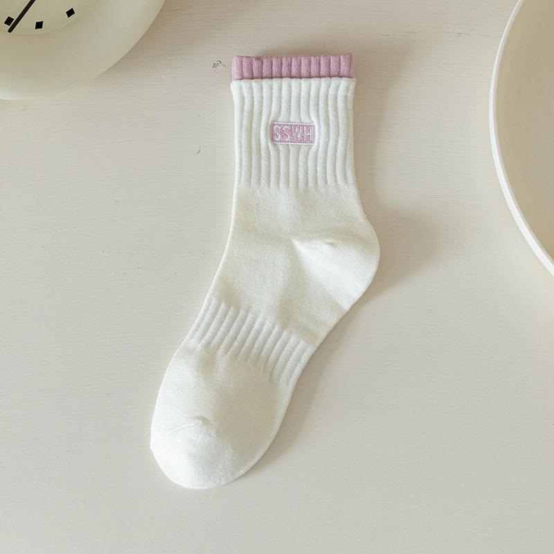 Female Spring and Autumn Embroidery Movement White Boneless Cotton Tube Socks