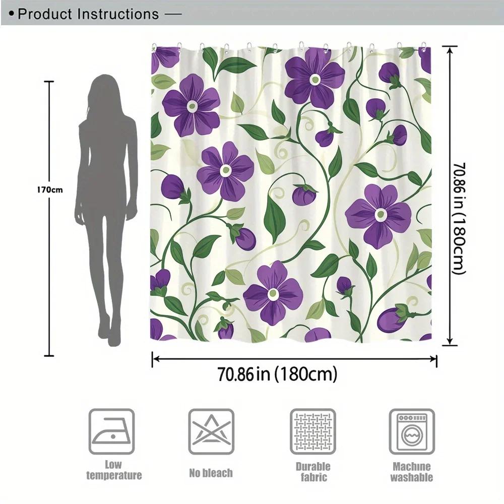 Floral Shower Curtain - Purple Flowers on Cream, 12 Hooks, Durable Polyester, Machine Washable, Elegant Bath Decor