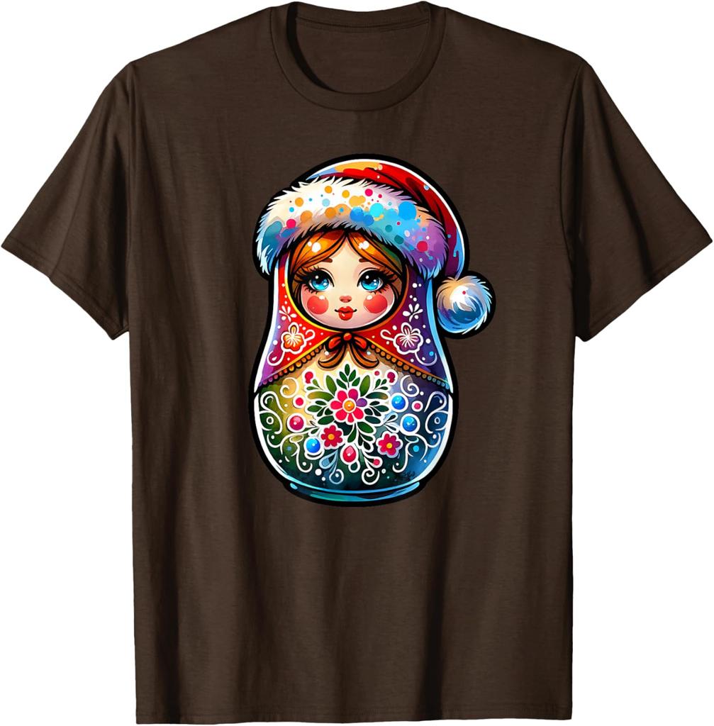 Christmas Matryoshka Doll Graphic Tee Breathable Short Sleeve Casual Round Neck T-Shirt