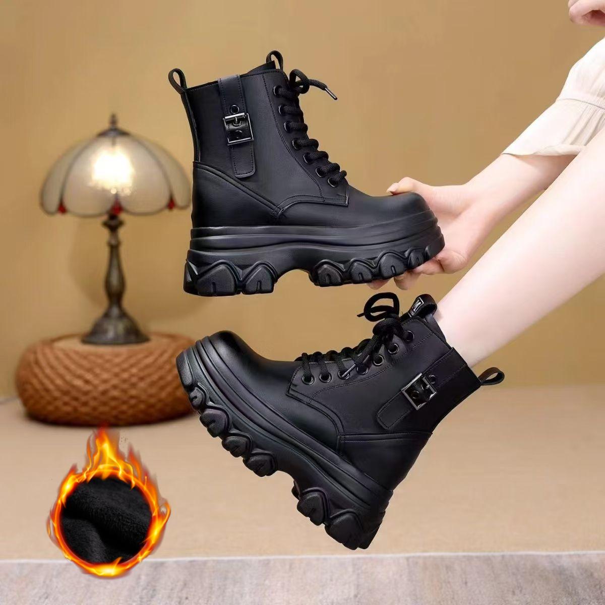 

Женские короткие сапоги с увеличенной толстой подошвой, короткие сапоги с толстой подошвой в британском стиле, модные короткие сапоги из хлопка 35