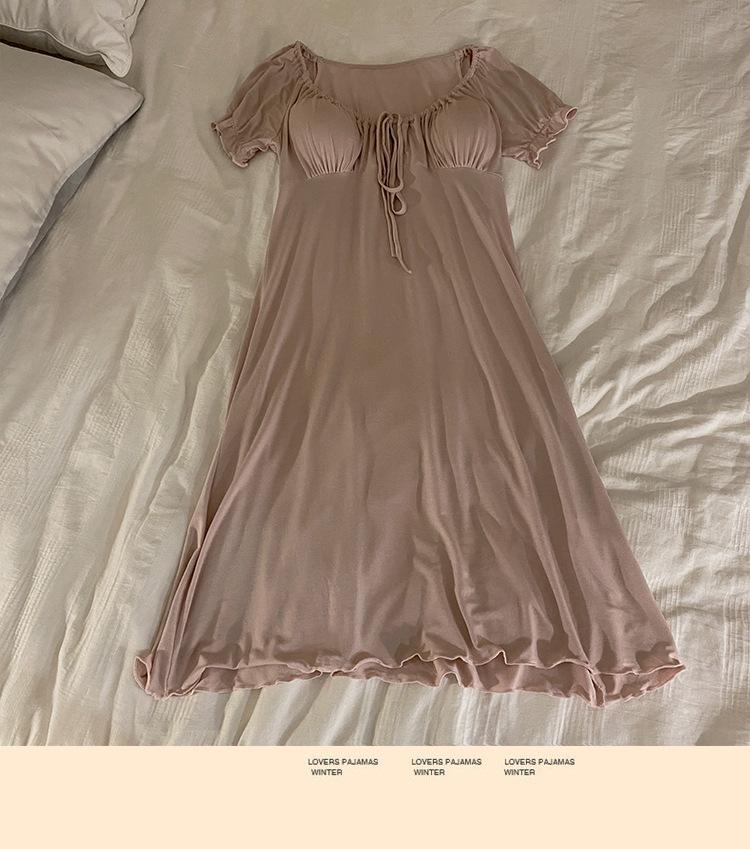 Women's Summer French Modal Nightgown with Built-in Bra, Short Sleeve, Thin, Sexy, Pure Desire Style, Wearable Outdoors