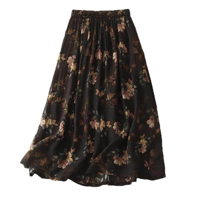 Floral Vintage Big Hem Airy Flowing Plus Lined Half-body Skirt
