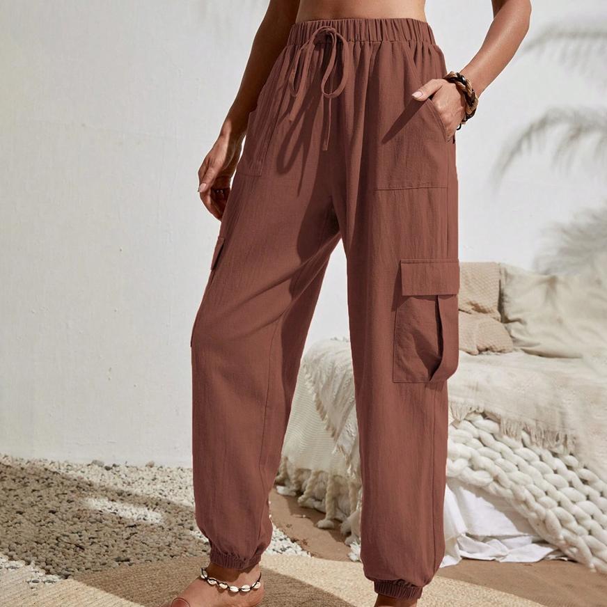 Spring and Summer Women's Fashion Elastic Band All-match Solid Color Pocket Casual Overalls Women's Pants