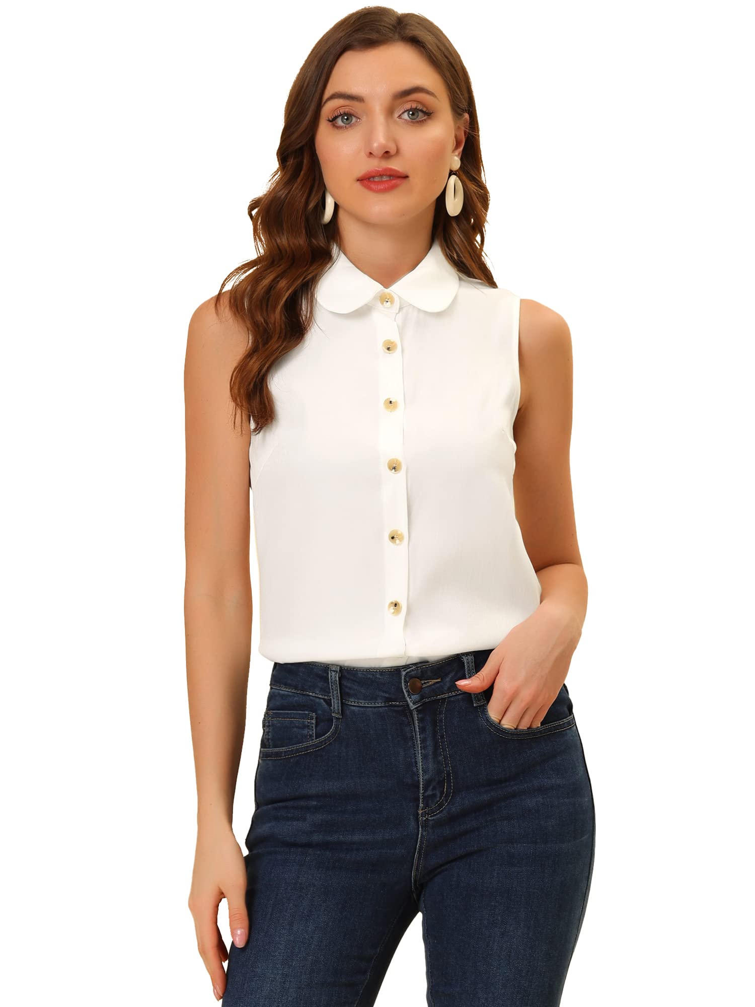

Allegra K Women s Denim Blouse with Turndown Collar, Sleeveless Shirt, Office Casual Top, Slimming, Stylish, Perfect for Commuting, White, Size XL
