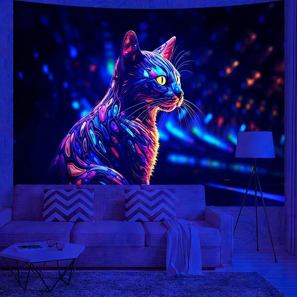 Glowing Cat Themed Tapestries Uv Reaction Tapestry Background Decoration Wall Hanging Bedroom Party Decoration