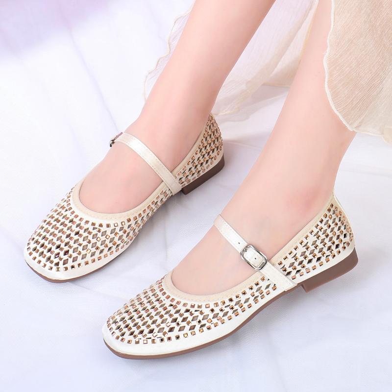 Fashion Low Heel Flats Fashion Round Head Shallow Mouth Sequin Mesh Breathable Line with Soft Sole Anti-slip Wear Sandals