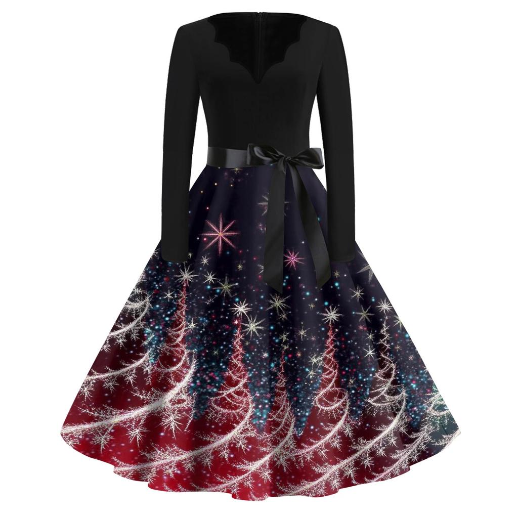 Vestido Feminino Moda Decote V Ajuste Relaxado Estampa de Natal Manga Longa