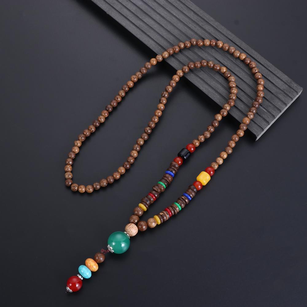 Vintage Handmade Party Lucky Gift Horn Fish Pendant Nepal Necklace Mala Wood Bead Buddhist