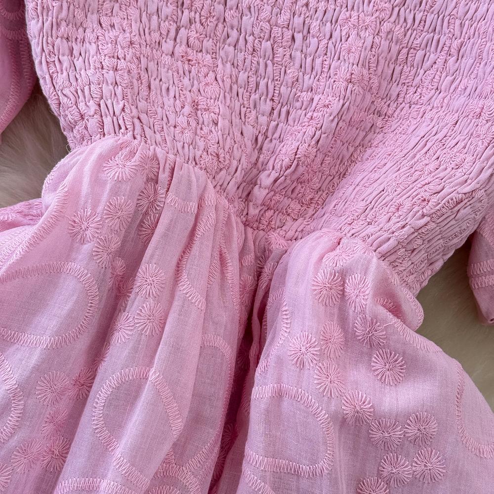 Fashion Dress for Women Square Collar Puff Sleeve A-line Floral Texture Vestido Womens Solid Color Folds Dresses Summer Dropship