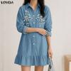 Women Turn Down Collar Long Sleeve Embroidery Casual Ruffled Dress
