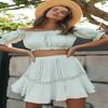 Summer Two Piece Sets Women Bohemian Casual Beach Skirts 2Pcs Sets Lace Off Shoulder Crop Tops and Short Pleated Skirt