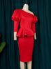 AOMEI Bodycon šaty Červené nepravidelné rukávy s lucernou s vysokým pasem volánky balíček boky ke kolenům koktejlový outfit pro dámy