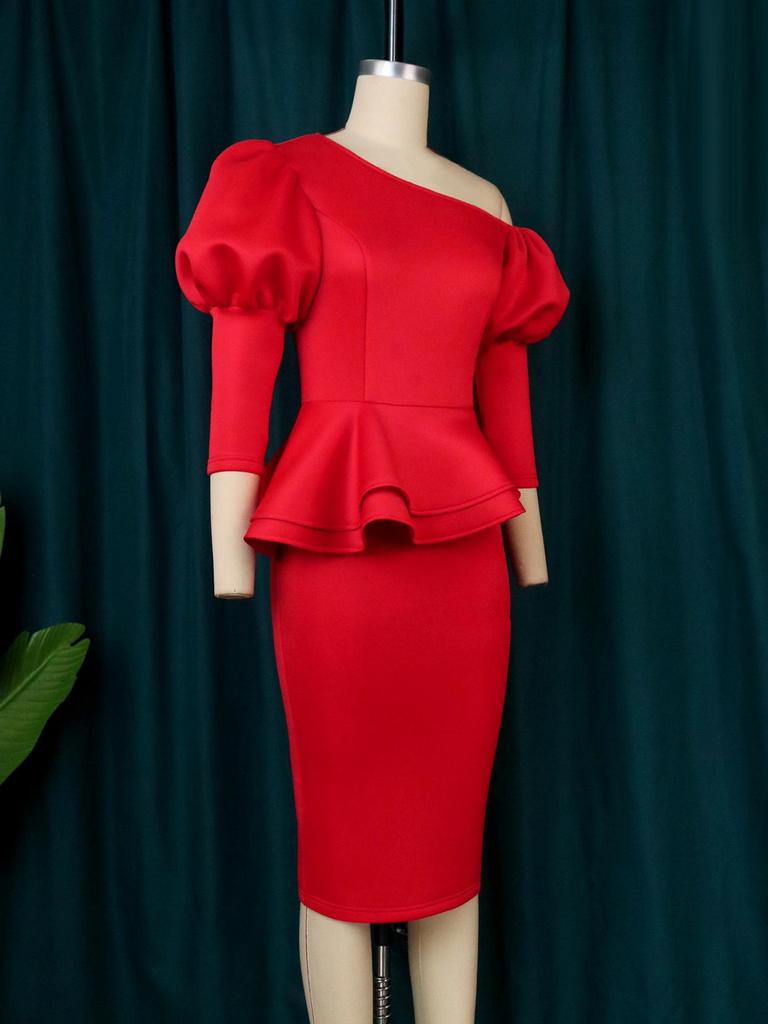AOMEI Bodycon šaty Červené nepravidelné rukávy s lucernou s vysokým pasem volánky balíček boky ke kolenům koktejlový outfit pro dámy