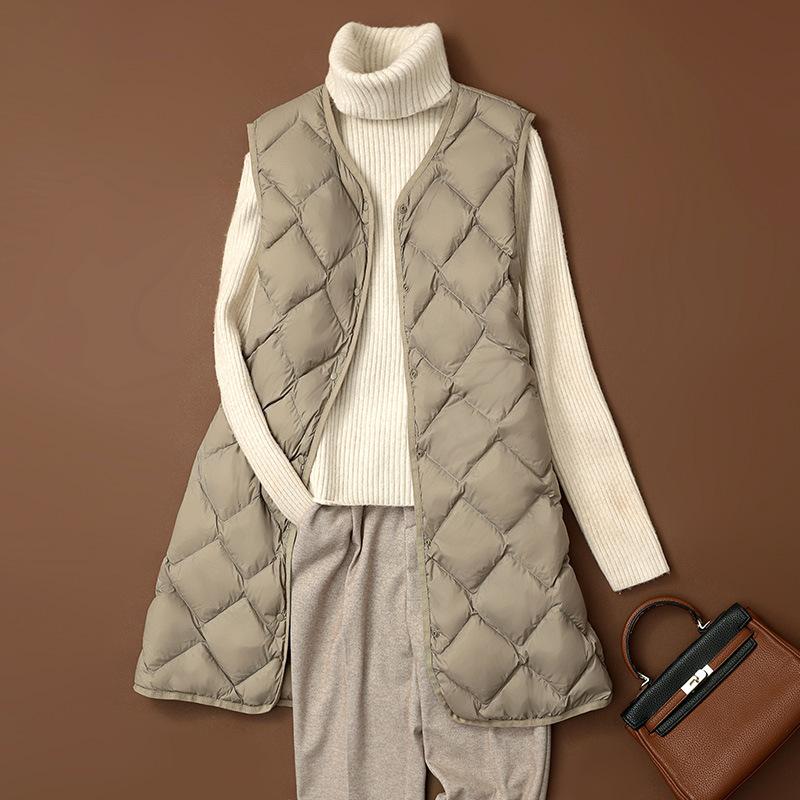 Women's Lightweight Down Vest - Mid-Length V-Neck Autumn/Winter Plus Size Waistcoat - Lightweight Down Lining Sports Vest