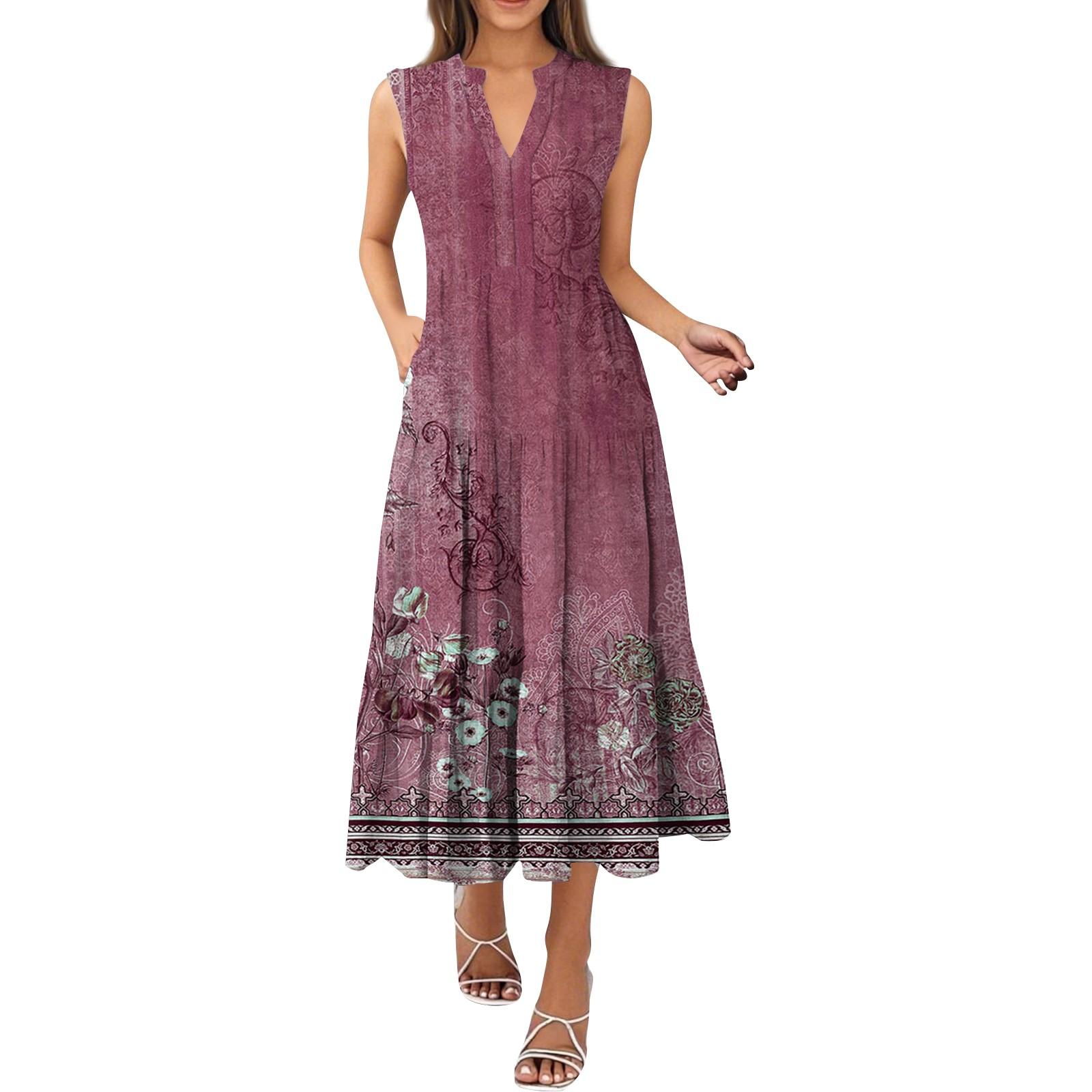 Women s Fashion Summer V-Neck Sleeveless Vintage Floral Print Pleated Dresses S