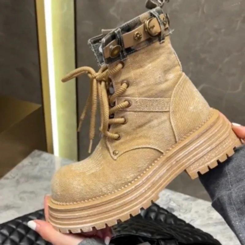 Fashion Ladies Shoes Fashion Lace Up Women's Boots Autumn British Style Round Toe Denim Short Barrel Platform Chunky Heels Naked Boots