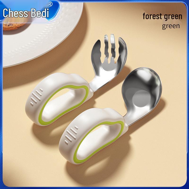 Infant Training Silicone Spoon & Fork Set - Stainless Steel, Short Handle, Bent Head for Learning To Eat