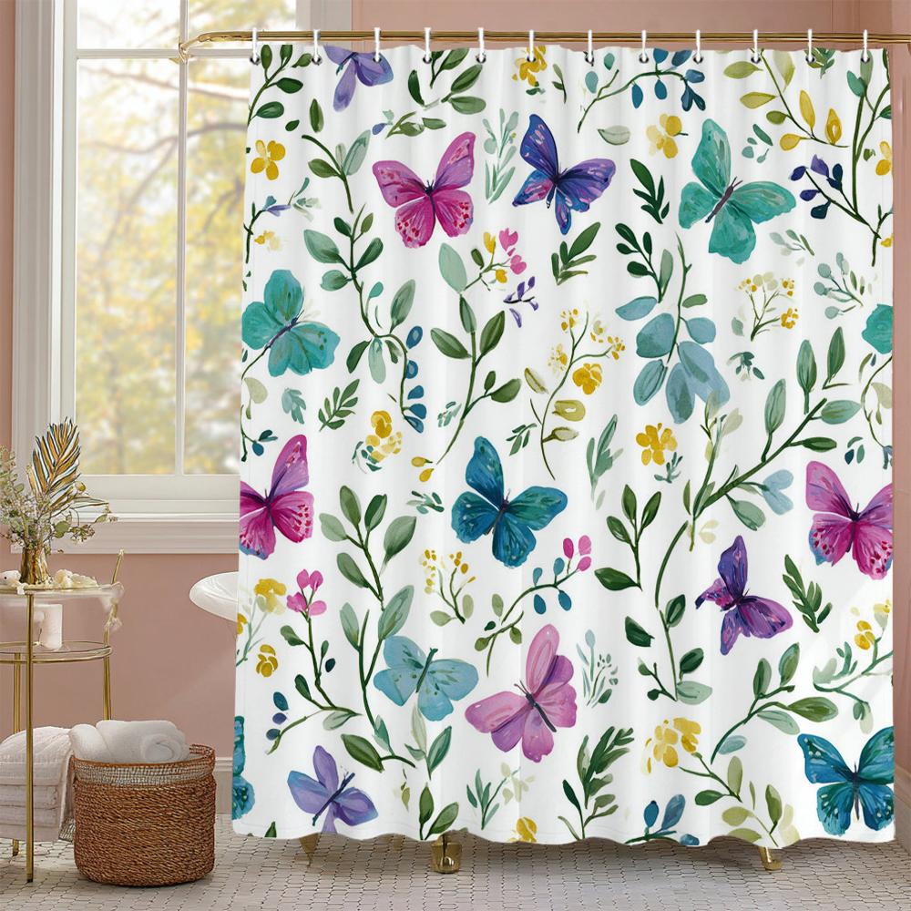 Colorful Butterflies Shower Curtain For Bathroom Floral Romantic Plant And Flowers Decorative Shower Curtains With Hooks