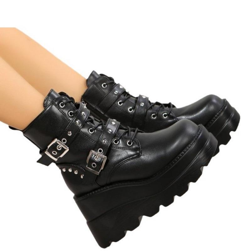 Large Size Thick-soled Wedge Knight Boots Women's Autumn and Winter New Round Head Side Zipper Martin Boots Rivet Women's Short Boots