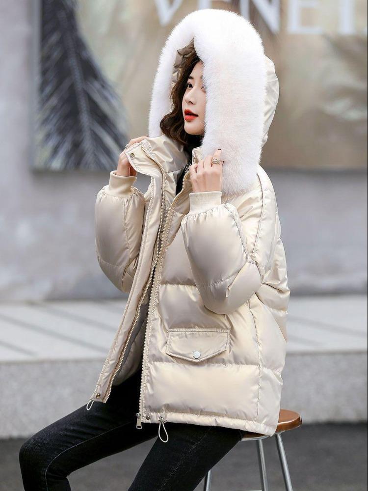 2024 Women Shiny White Duck Down Jacket Warm Loose Fit Short Wash Free Fur Collar