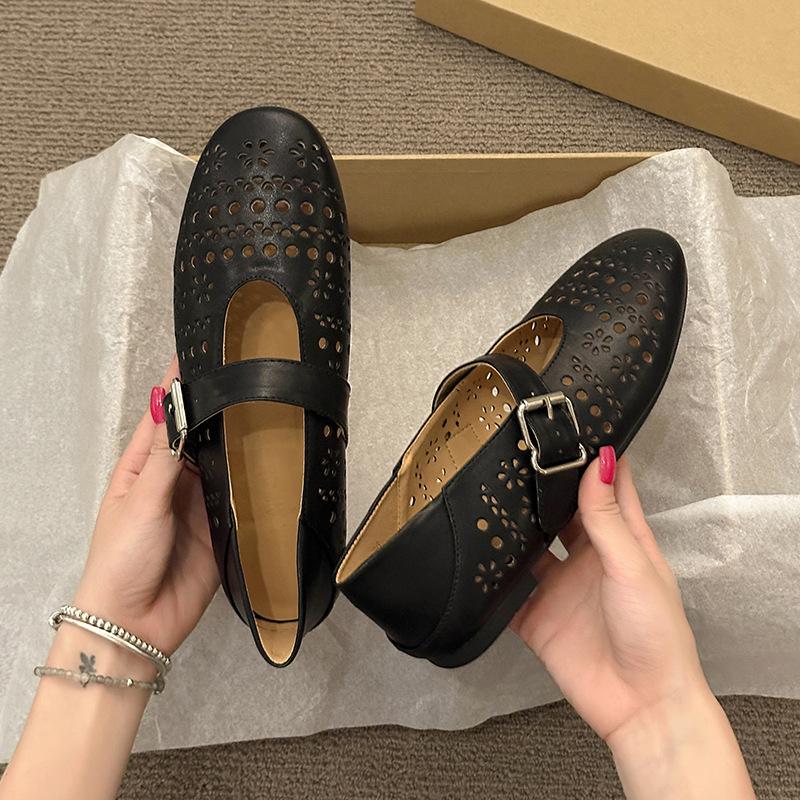 Sheepskin version~ French flat-soled ballet shoes women's new super soft bag head sandals hollow breathable Mary Jane shoes dancing shoes