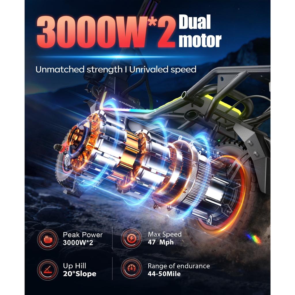 FREEBOY H10 Monopattino Elettrico Cassetta degli Attrezzi Regalo 3000W*2 60V28AH Velocità 75km/h Ruote da 12" Monopattino Elettrico Frenata Idraulica