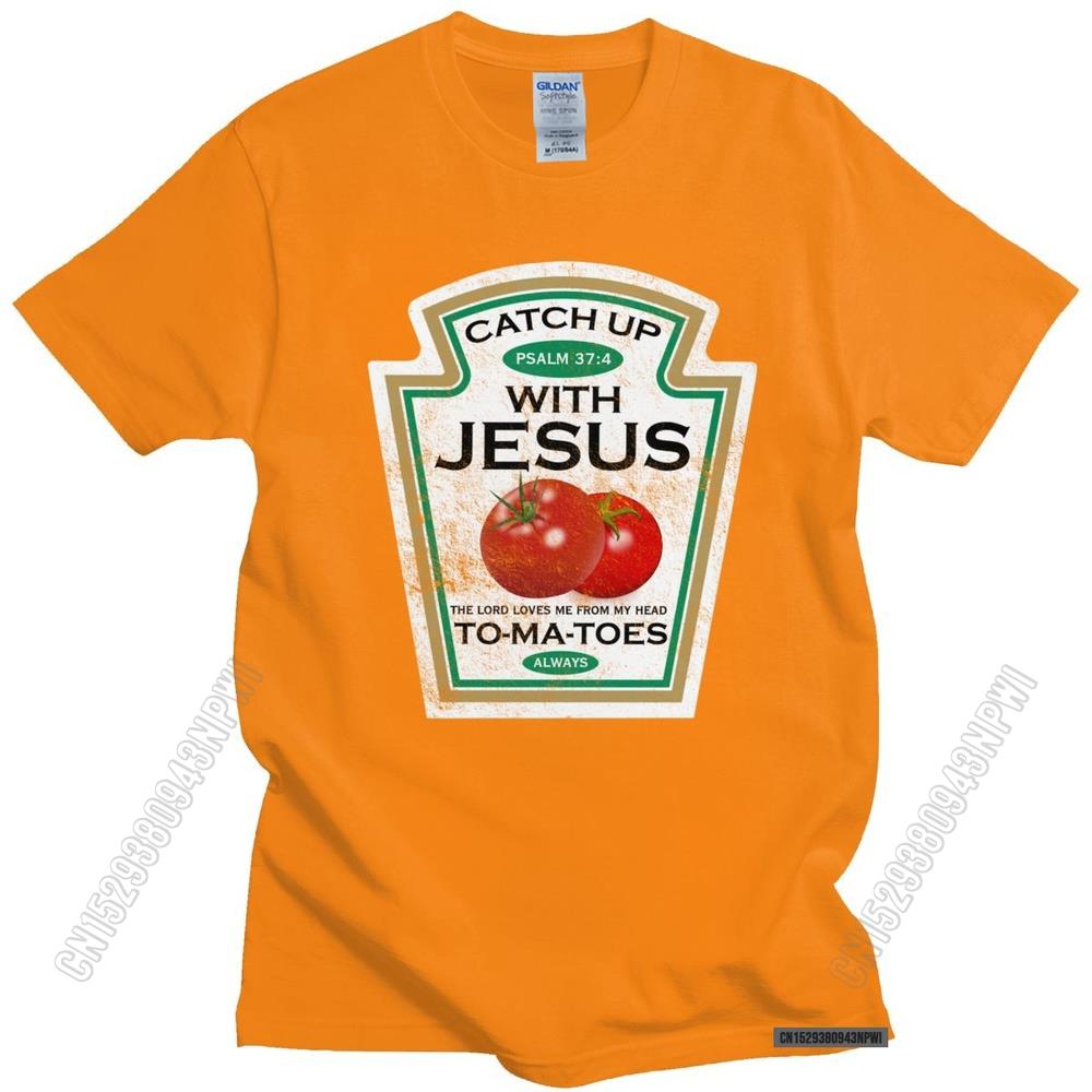 Lustiges Catch Up With Jesus T-Shirt Herren Vintage Vegan Tomaten T-Shirt Christliches Geschenk Veganismus O-Ausschnitt Baumwoll-T-Shirt Merchandise