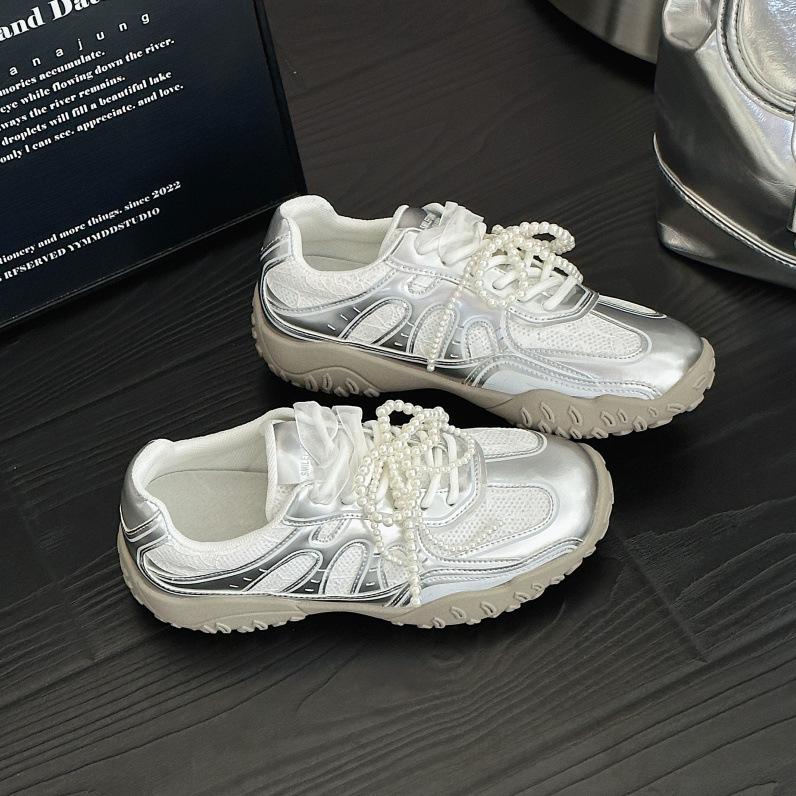 

Leather inner height increase Women s spring and summer Small thick-soled women s shoes Sports and leisure shoes Mesh breathable 35 серебряный