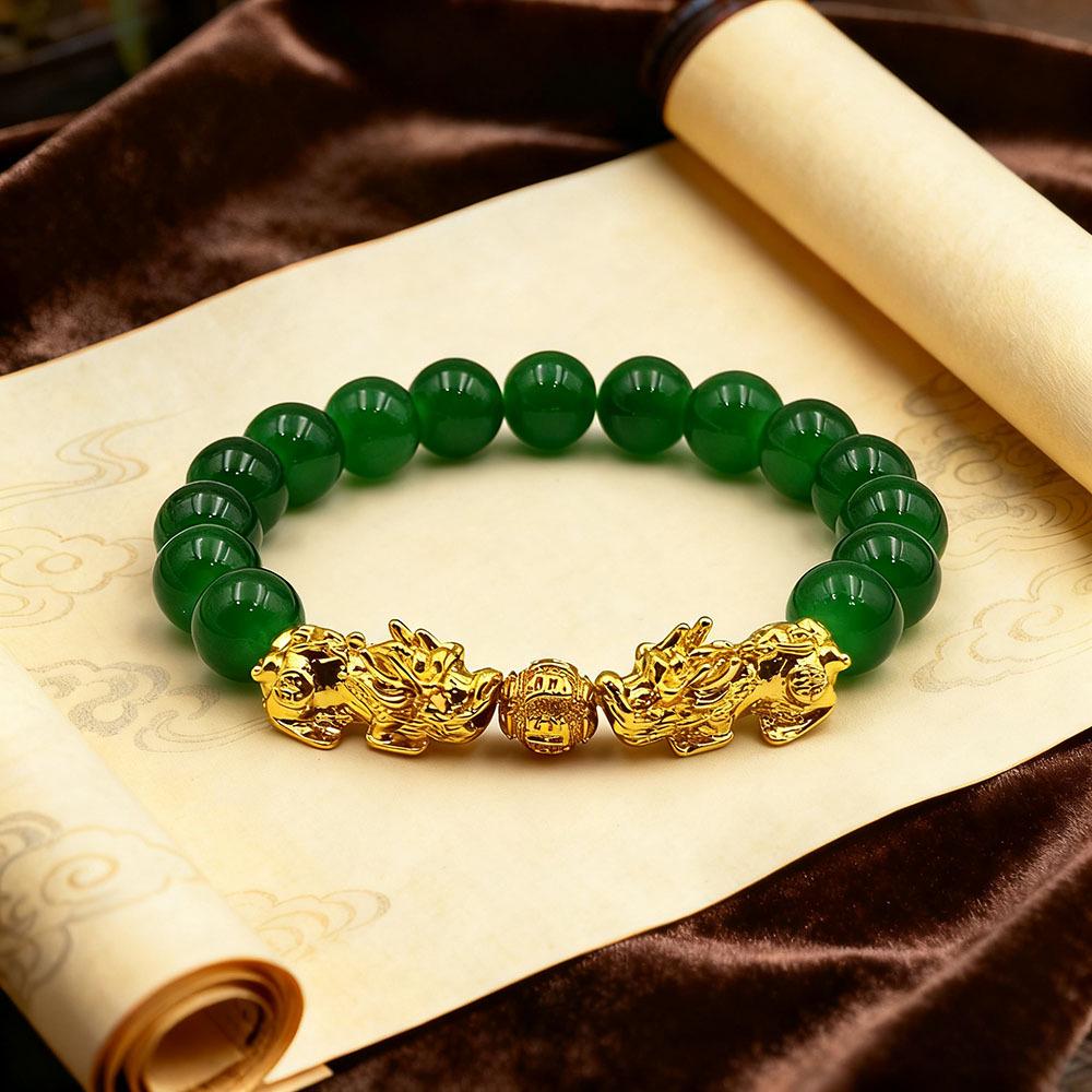 10mm Imitation Jade Pixiu Couple Bracelet with RuYi Beads for Wealth and Luxury