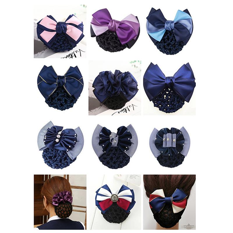 Nurse Stewardess Hair Accessories Bowknot Stripe Net Bun Hair Cover Women Barrette Net Bun Crochet Net Bun Snood