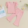 Kleinkind Mädchen Frühling Outfits Fly Ärmel Einfarbig Rippe T-Shirts Tops Elastische Taille Flare Hosen 2Pcs Kleidung Set