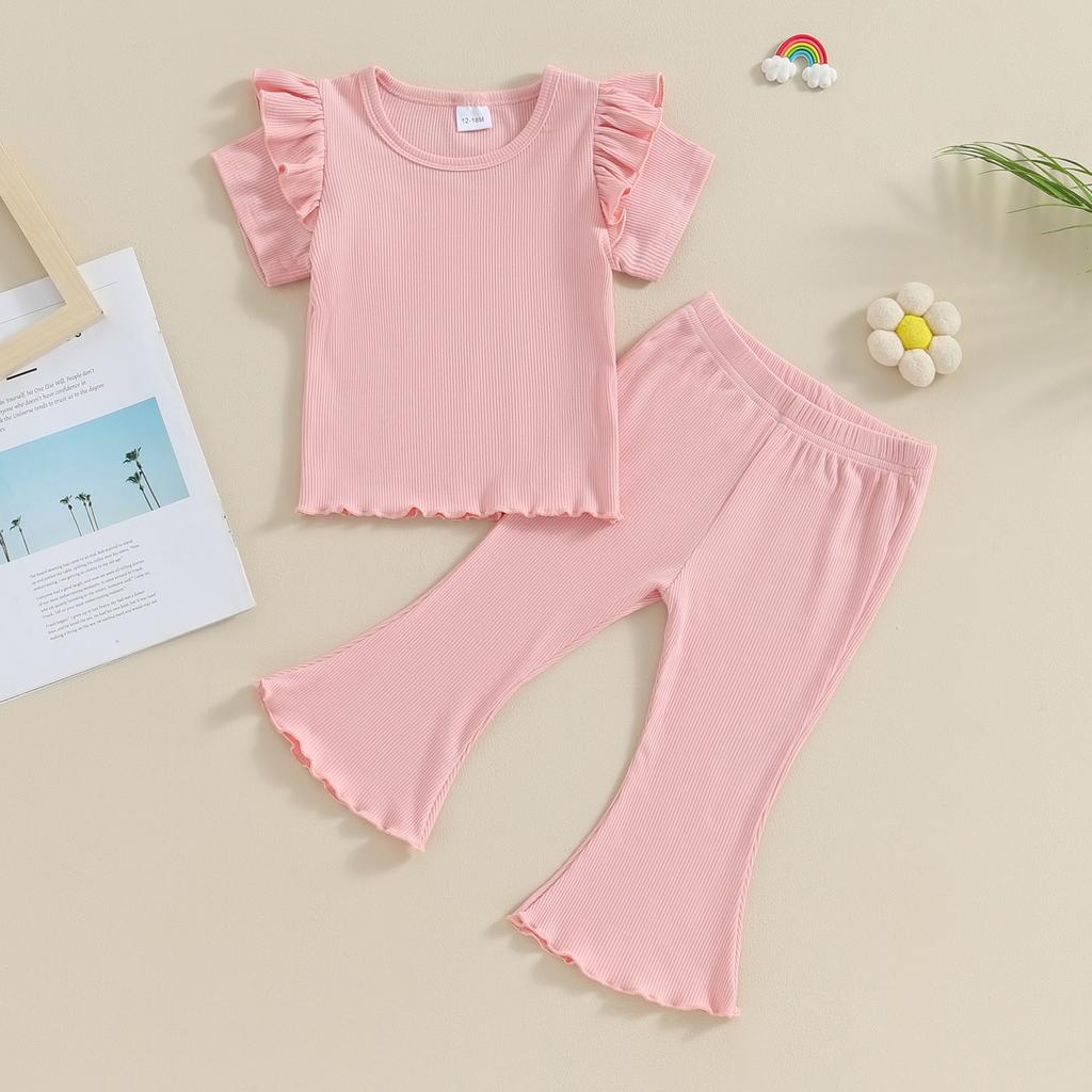 Kleinkind Mädchen Frühling Outfits Fly Ärmel Einfarbig Rippe T-Shirts Tops Elastische Taille Flare Hosen 2Pcs Kleidung Set