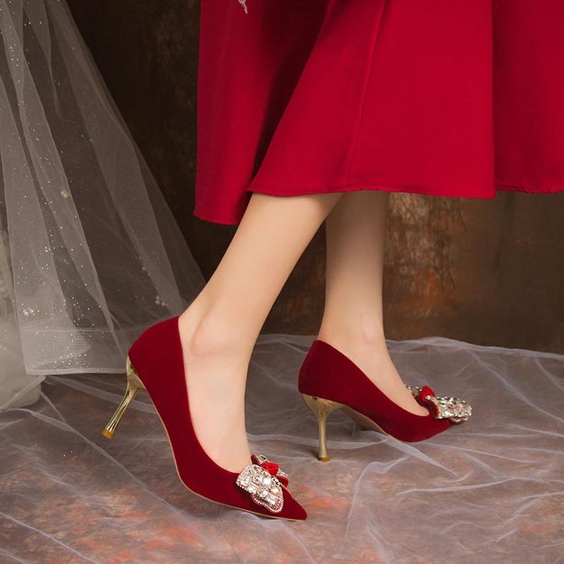 Fashion Red Bling Big Crystal Pumps Women Bowtie Flock Thin Heeled Wedding Party Shoes Woman Shiny Rhinestones High Heels Shoes
