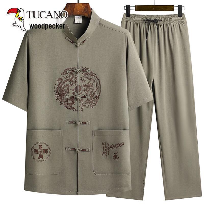 TUCANO Men s Summer Chinese Style Short-Sleeve Tang Suit Set 3XL