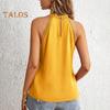 Women Vest Halter Neck Solid Color Lace Decoration Tops Solid Color Hollow Lace Stitching Casual Tops