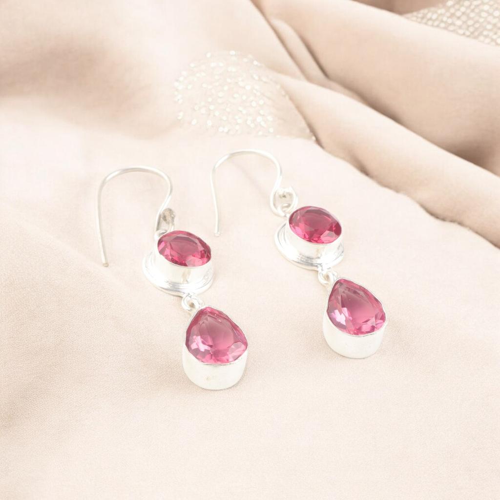 Natural Pink Tourmaline Silver 925 Sterling Silver Jewelry Handmade Earrings1.8" EE-142-13